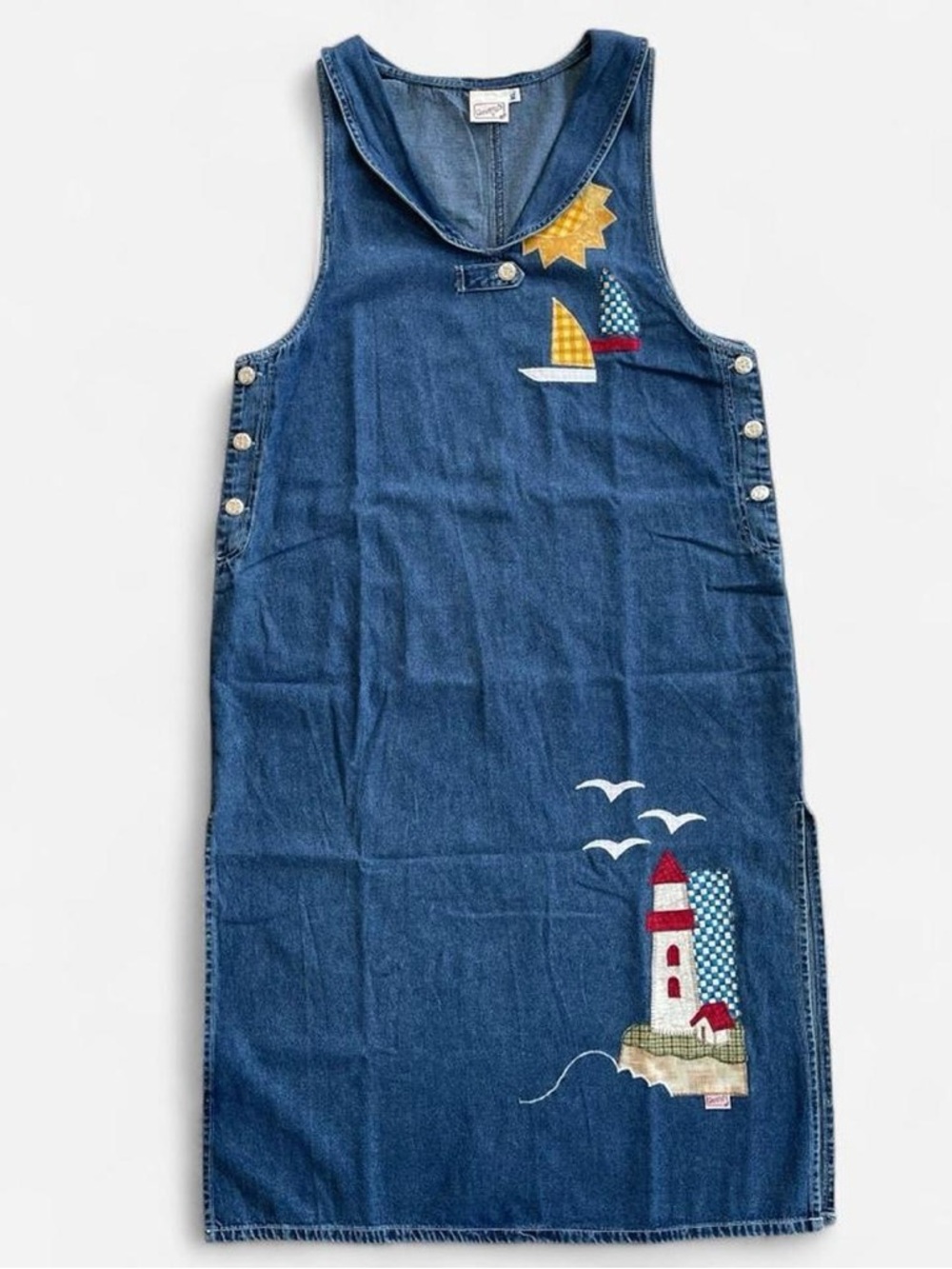 Vintage Beverly’s Denim Jumper Dress with Embroidered Lighthouse Seagulls XL